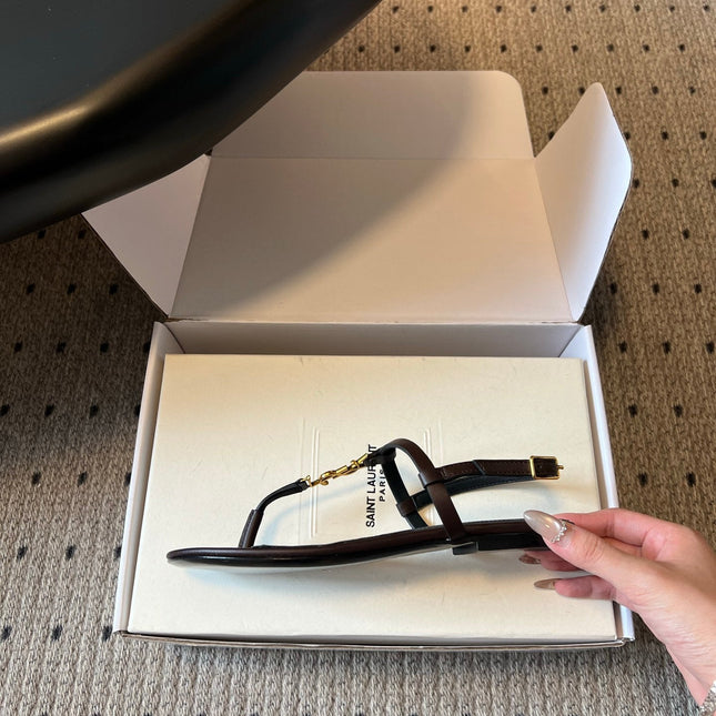 YSL 26S THONG SANDALS IN CHOCOLATE BROWN CALFSKIN WITH GOLD HARDWARE