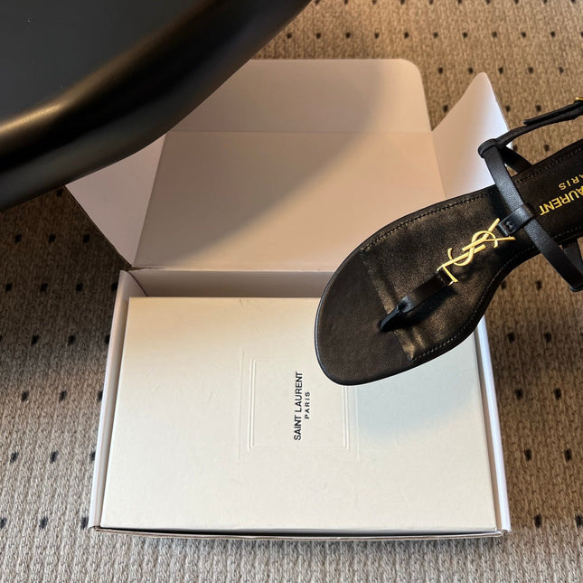 YSL 26S THONG SANDALS IN BLACK CALFSKIN WITH GOLD HARDWARE