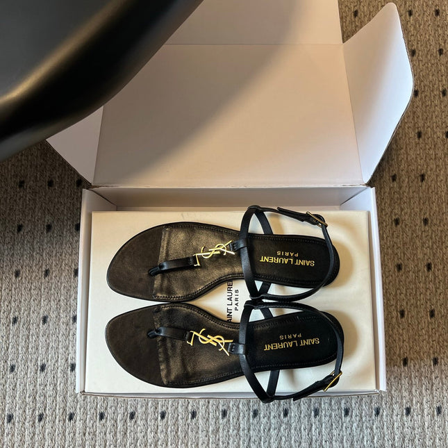YSL 26S THONG SANDALS IN BLACK CALFSKIN WITH GOLD HARDWARE