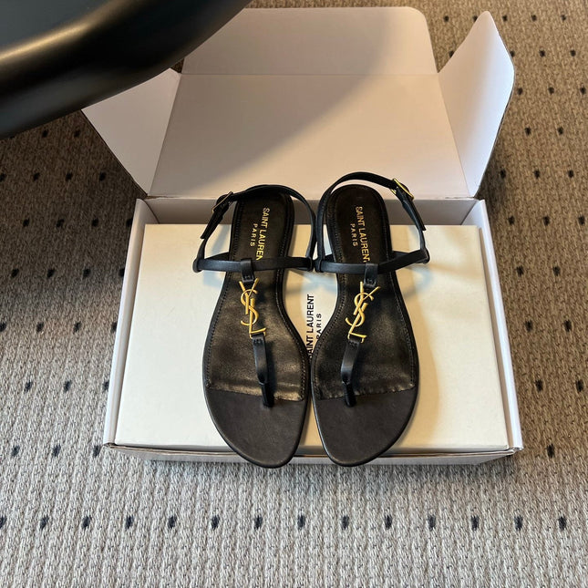 YSL 26S THONG SANDALS IN BLACK CALFSKIN WITH GOLD HARDWARE