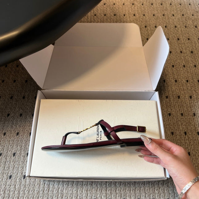YSL 26S THONG SANDALS IN DARK RED CALFSKIN WITH GOLD HARDWARE