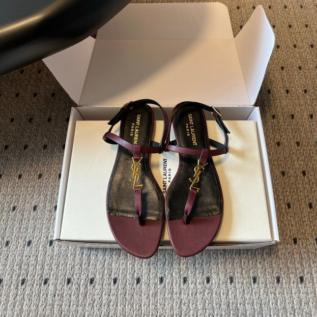 YSL 26S THONG SANDALS IN DARK RED CALFSKIN WITH GOLD HARDWARE
