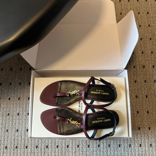 YSL 26S THONG SANDALS IN DARK RED CALFSKIN WITH GOLD HARDWARE