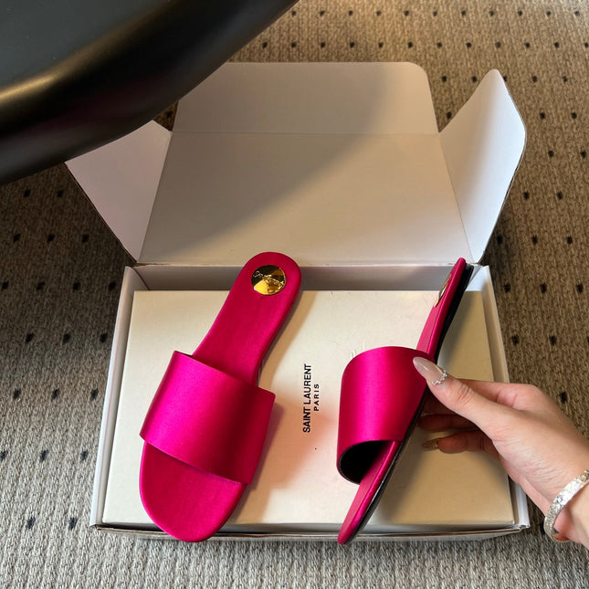 YSL 26S FLAT SLIDES IN DARK PINK SATIN