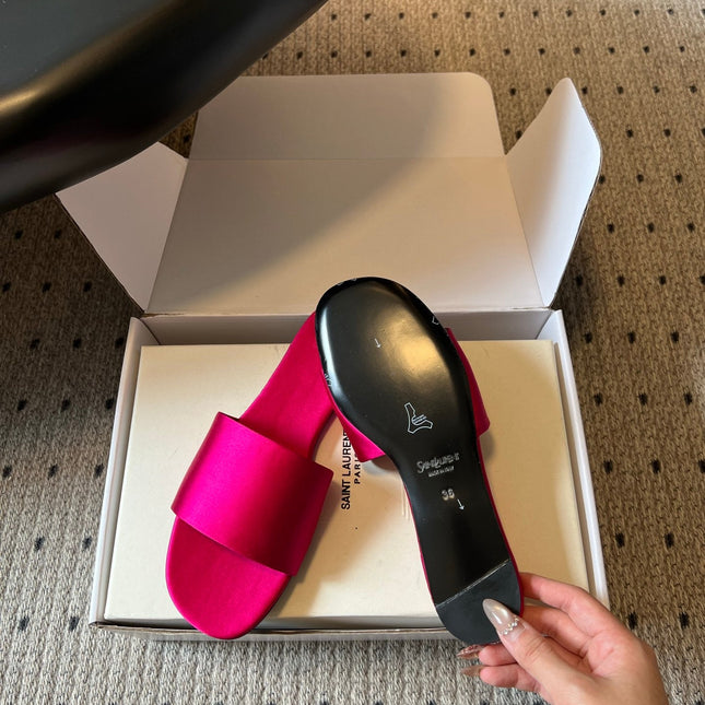 YSL 26S FLAT SLIDES IN DARK PINK SATIN