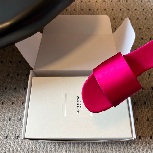 YSL 26S FLAT SLIDES IN DARK PINK SATIN