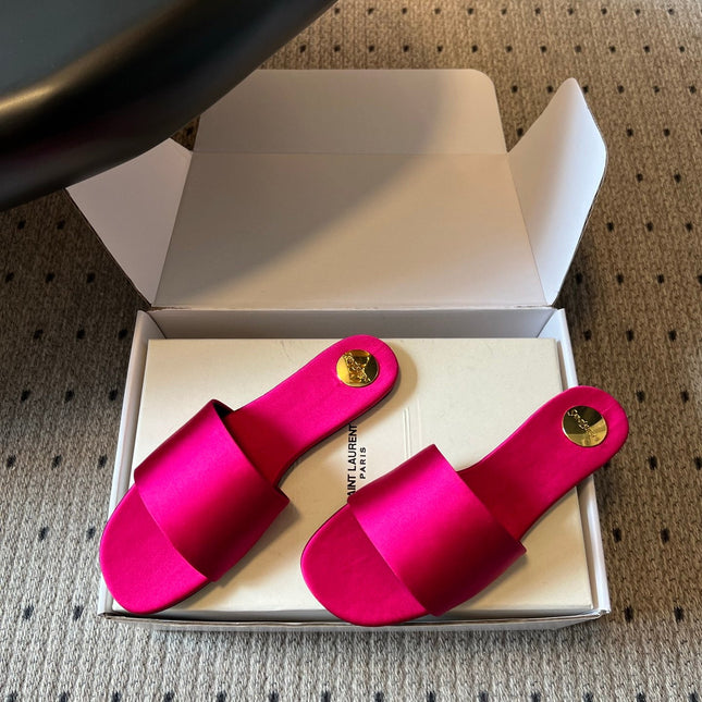 YSL 26S FLAT SLIDES IN DARK PINK SATIN