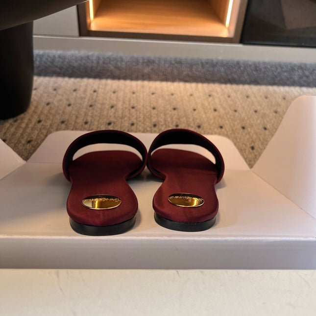 YSL 26S FLAT SLIDES IN DARK RED SATIN