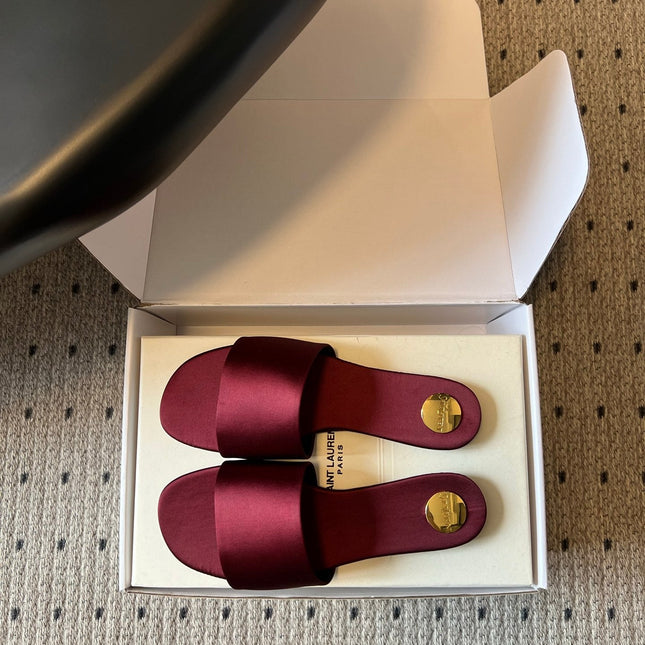 YSL 26S FLAT SLIDES IN DARK RED SATIN