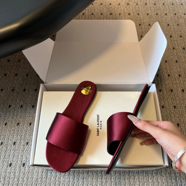 YSL 26S FLAT SLIDES IN DARK RED SATIN