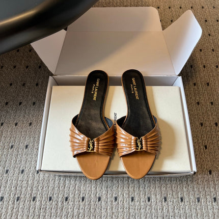 YSL 26S BABYLONE FLAT MULES IN BROWN LAMBSKIN