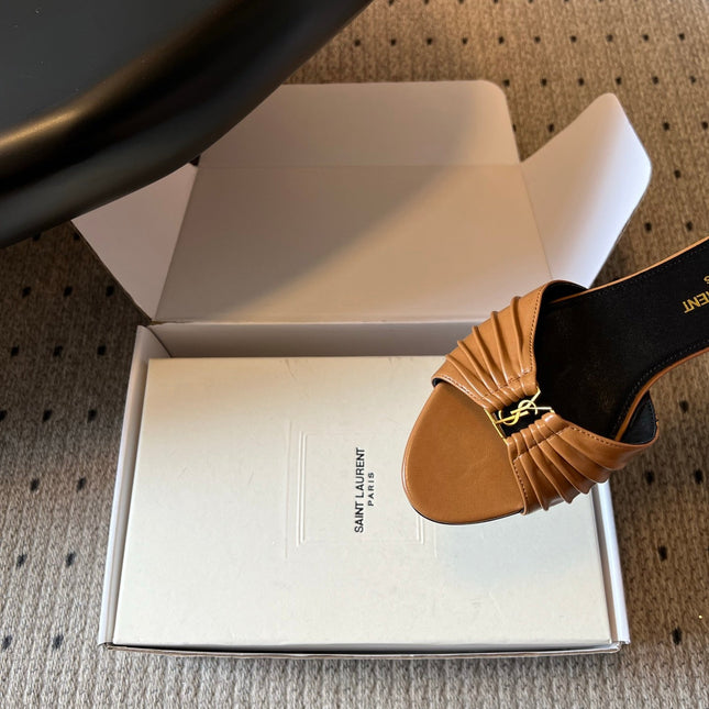 YSL 26S BABYLONE FLAT MULES IN BROWN LAMBSKIN