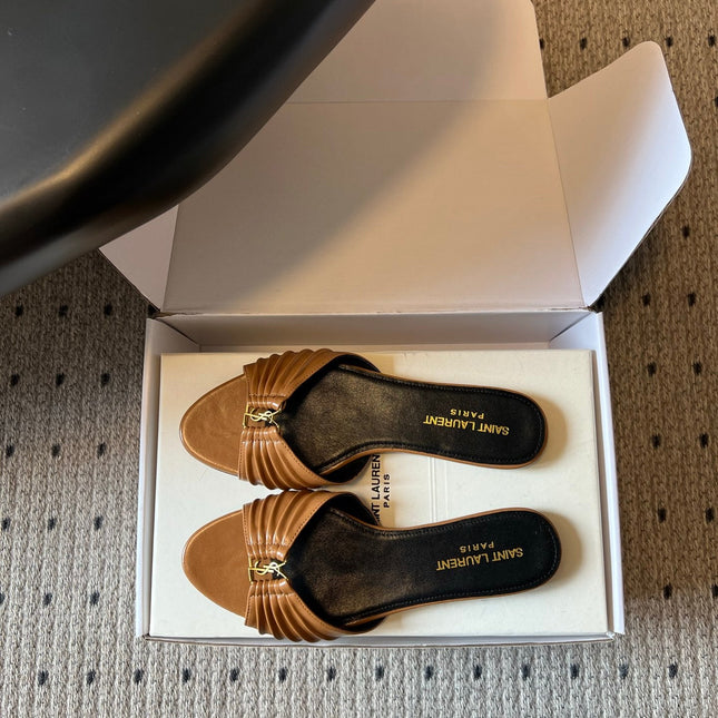 YSL 26S BABYLONE FLAT MULES IN BROWN LAMBSKIN