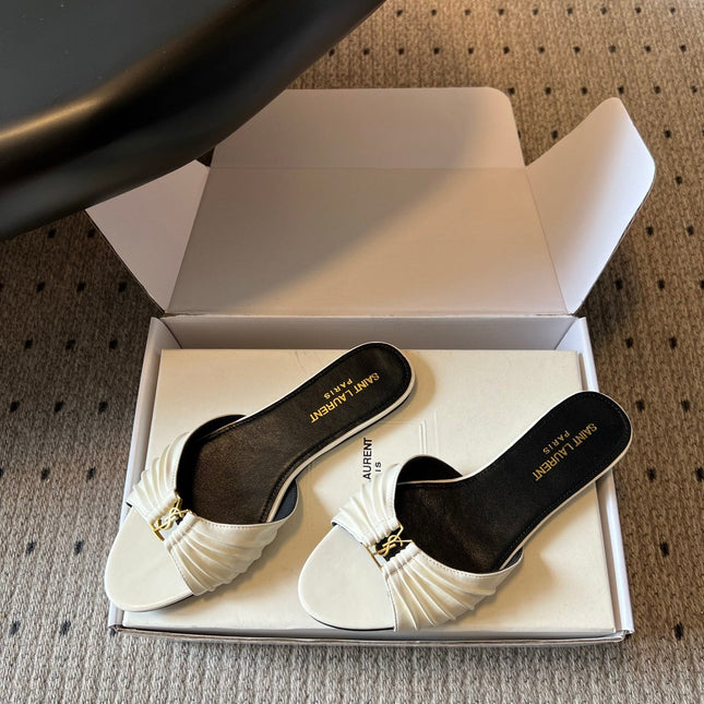 YSL 26S BABYLONE FLAT MULES IN WHITE LAMBSKIN