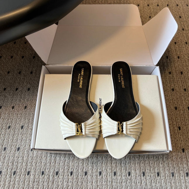 YSL 26S BABYLONE FLAT MULES IN WHITE LAMBSKIN