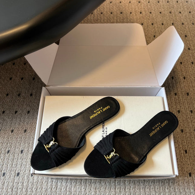 YSL 26S BABYLONE FLAT MULES IN BLACK SUEDE