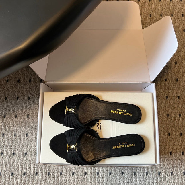 YSL 26S BABYLONE FLAT MULES IN BLACK SUEDE