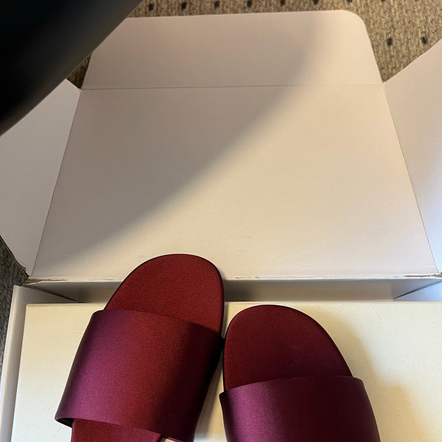 YSL 26S FLAT SLIDES IN DARK RED SATIN