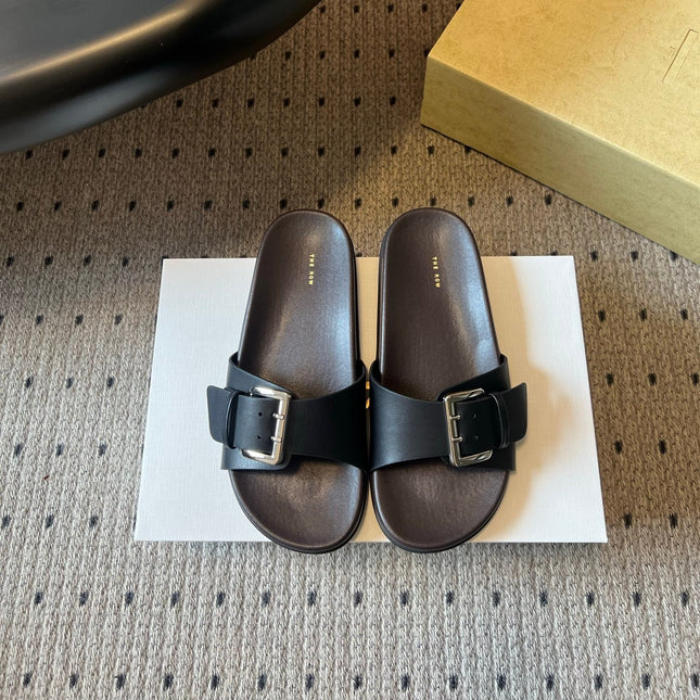 THE ROW 26S BUCKLE SLIDE SANDALS IN BLACK CALFSKIN