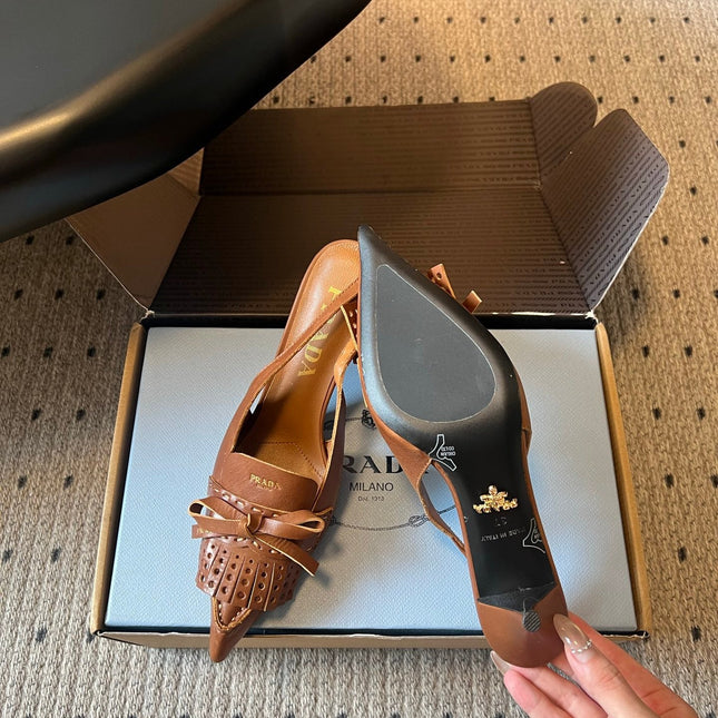 PRADA 26S POINTED TOE FRINGE BOW SLINGBACK PUMPS 85MM IN CARAMEL BROWN CALFSKIN