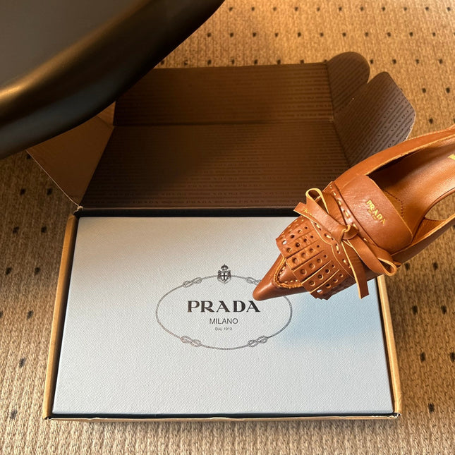 PRADA 26S POINTED TOE FRINGE BOW SLINGBACK PUMPS 85MM IN CARAMEL BROWN CALFSKIN