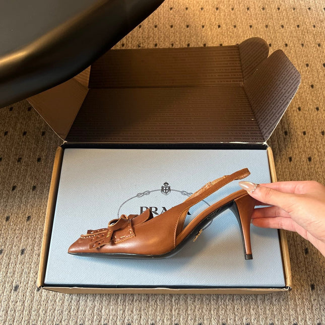 PRADA 26S POINTED TOE FRINGE BOW SLINGBACK PUMPS 85MM IN CARAMEL BROWN CALFSKIN