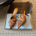 PRADA 26S POINTED TOE FRINGE BOW SLINGBACK PUMPS 85MM IN CARAMEL BROWN CALFSKIN