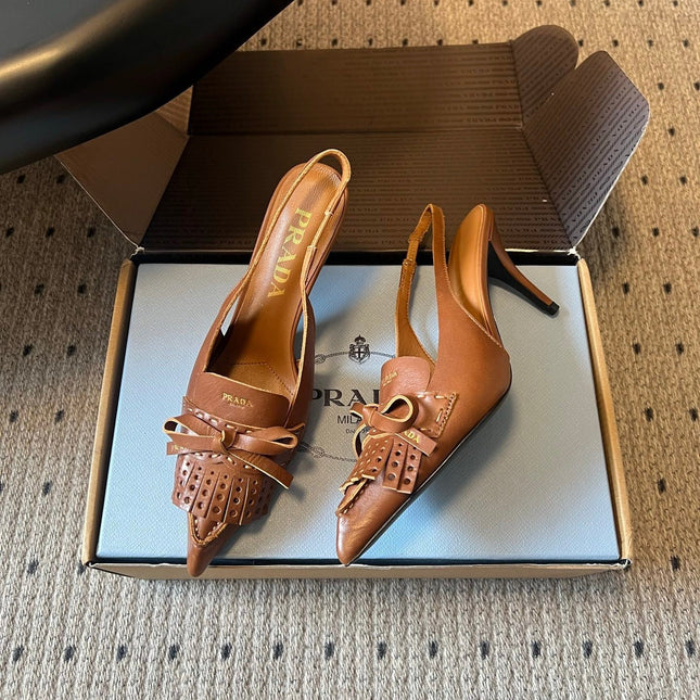 PRADA 26S POINTED TOE FRINGE BOW SLINGBACK PUMPS 85MM IN CARAMEL BROWN CALFSKIN