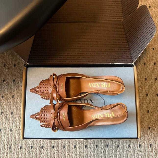 PRADA 26S POINTED TOE FRINGE BOW SLINGBACK PUMPS 85MM IN CARAMEL BROWN CALFSKIN
