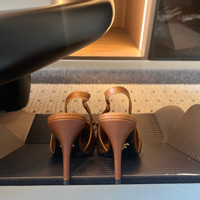 PRADA 26S POINTED TOE FRINGE BOW SLINGBACK PUMPS 85MM IN CARAMEL BROWN CALFSKIN