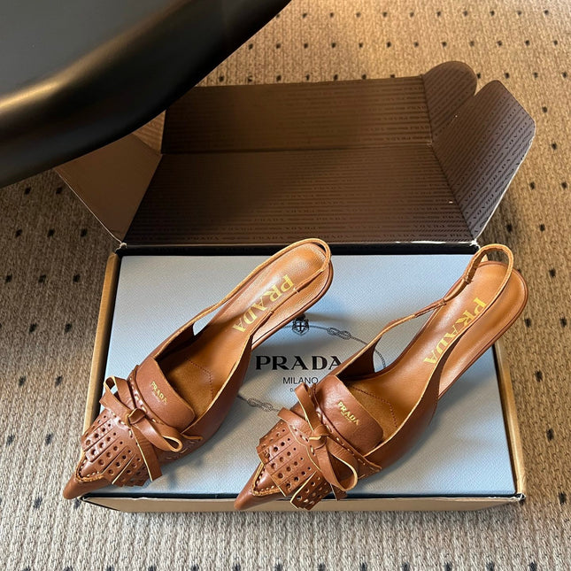 PRADA 26S POINTED TOE FRINGE BOW SLINGBACK PUMPS 85MM IN CARAMEL BROWN CALFSKIN