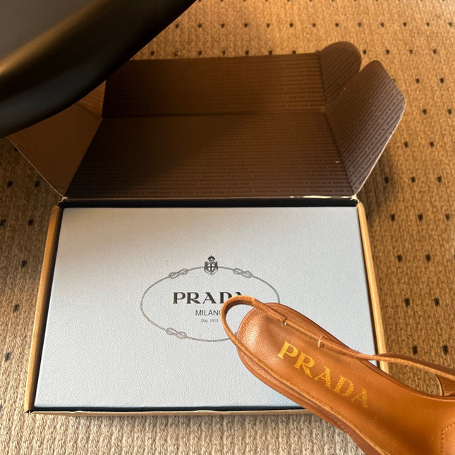 PRADA 26S POINTED TOE FRINGE BOW SLINGBACK PUMPS 85MM IN CARAMEL BROWN CALFSKIN