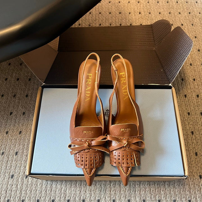 PRADA 26S POINTED TOE FRINGE BOW SLINGBACK PUMPS 85MM IN CARAMEL BROWN CALFSKIN