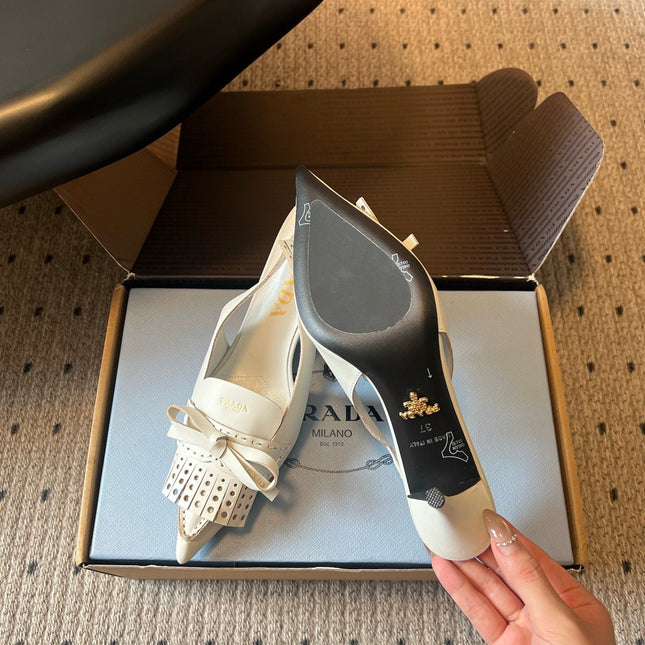 PRADA 26S POINTED TOE FRINGE BOW SLINGBACK PUMPS 85MM IN IVORY WHITE CALFSKIN