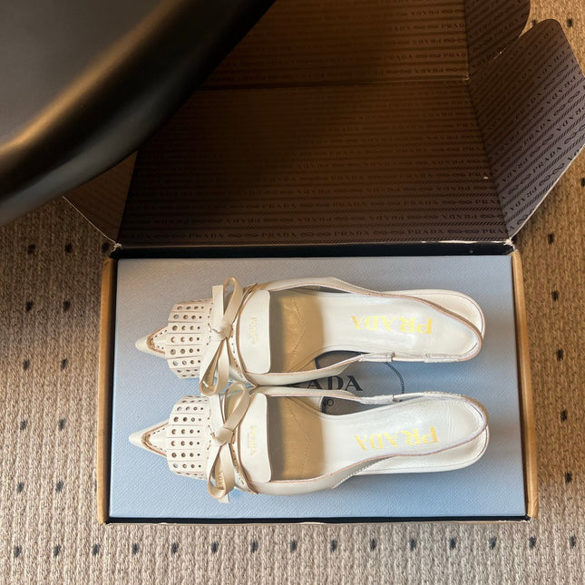 PRADA 26S POINTED TOE FRINGE BOW SLINGBACK PUMPS 85MM IN IVORY WHITE CALFSKIN