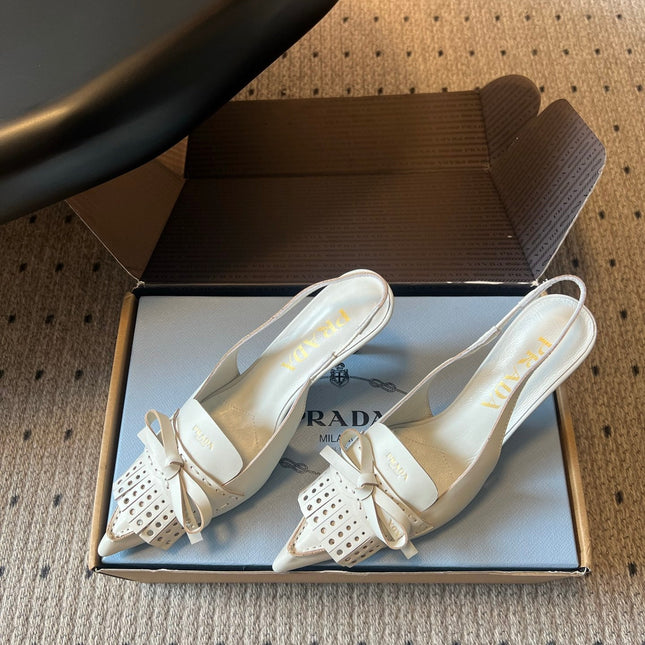PRADA 26S POINTED TOE FRINGE BOW SLINGBACK PUMPS 85MM IN IVORY WHITE CALFSKIN