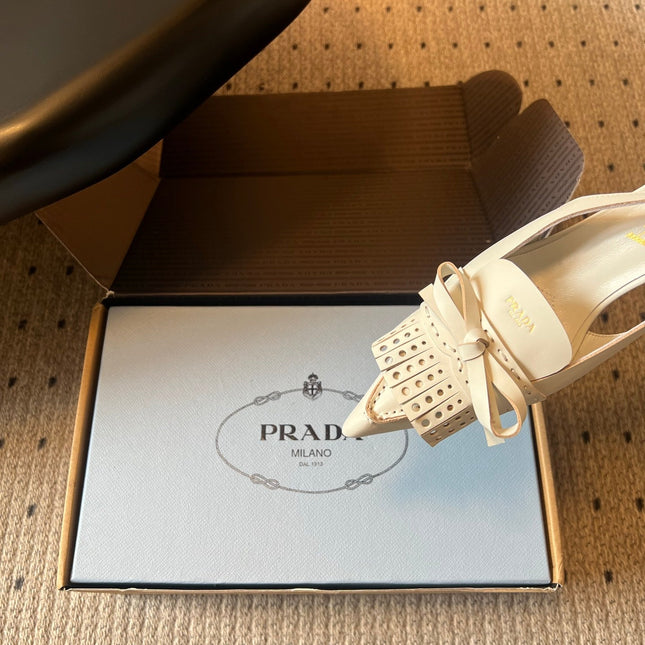 PRADA 26S POINTED TOE FRINGE BOW SLINGBACK PUMPS 85MM IN IVORY WHITE CALFSKIN