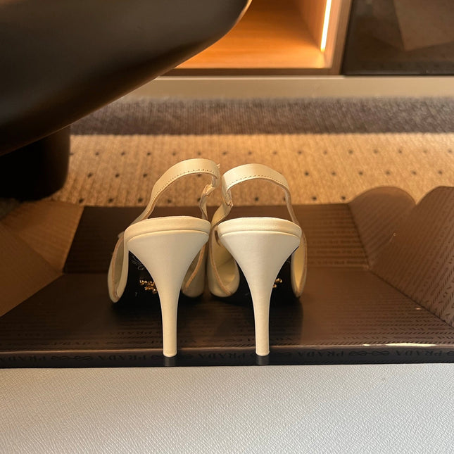 PRADA 26S POINTED TOE FRINGE BOW SLINGBACK PUMPS 85MM IN IVORY WHITE CALFSKIN