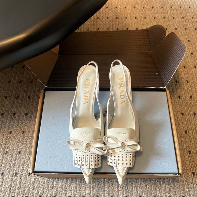 PRADA 26S POINTED TOE FRINGE BOW SLINGBACK PUMPS 85MM IN IVORY WHITE CALFSKIN