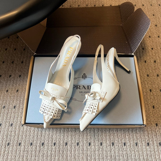 PRADA 26S POINTED TOE FRINGE BOW SLINGBACK PUMPS 85MM IN IVORY WHITE CALFSKIN