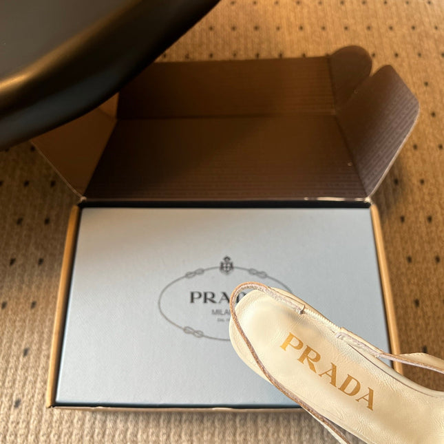 PRADA 26S POINTED TOE FRINGE BOW SLINGBACK PUMPS 85MM IN IVORY WHITE CALFSKIN