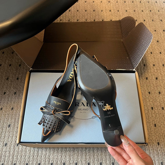 PRADA 26S POINTED TOE FRINGE BOW SLINGBACK PUMPS 85MM IN BLACK CALFSKIN