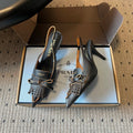 PRADA 26S POINTED TOE FRINGE BOW SLINGBACK PUMPS 85MM IN BLACK CALFSKIN