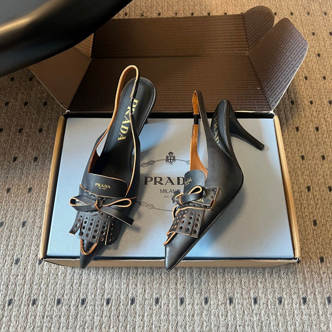 PRADA 26S POINTED TOE FRINGE BOW SLINGBACK PUMPS 85MM IN BLACK CALFSKIN