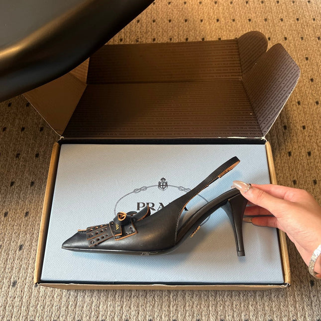 PRADA 26S POINTED TOE FRINGE BOW SLINGBACK PUMPS 85MM IN BLACK CALFSKIN