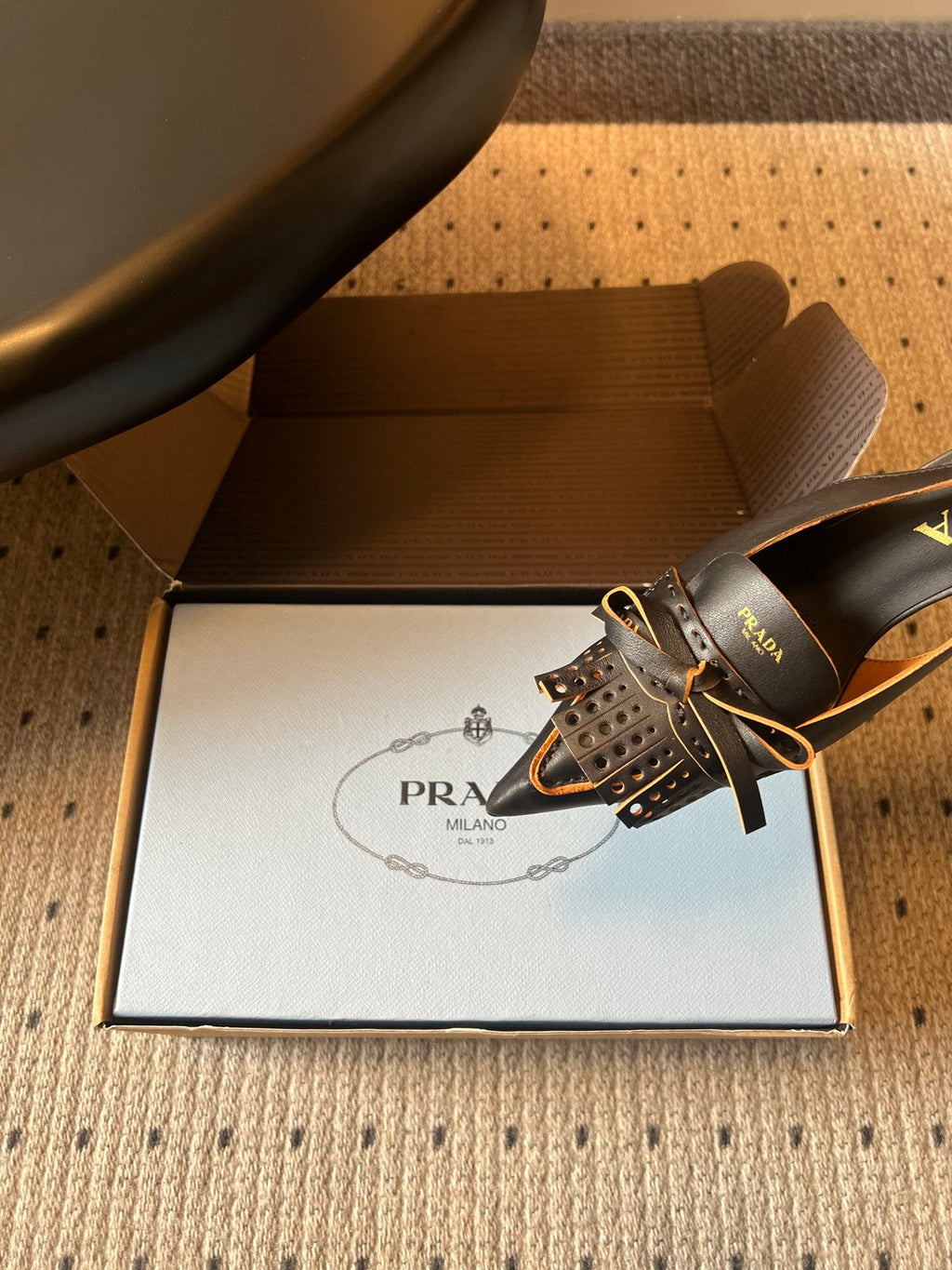 PRADA 26S POINTED TOE FRINGE BOW SLINGBACK PUMPS 85MM IN BLACK CALFSKIN