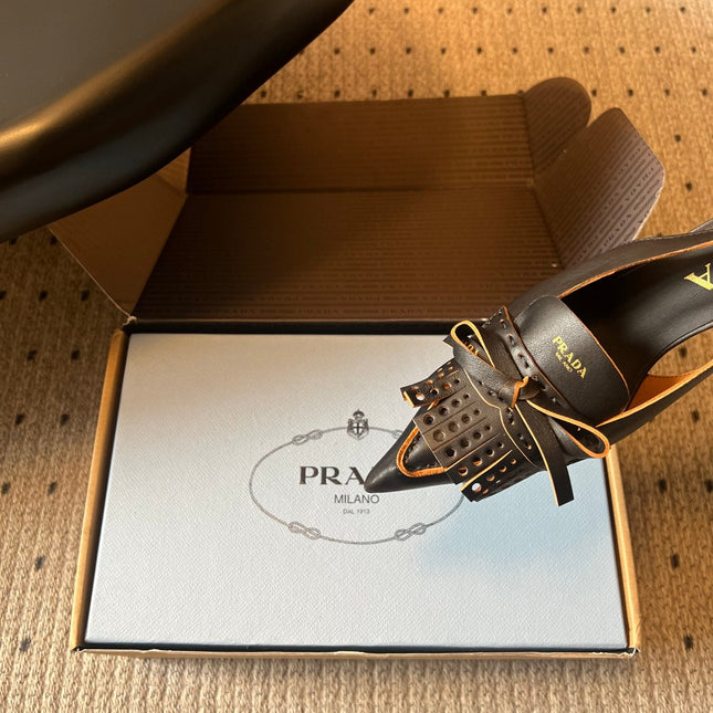 PRADA 26S POINTED TOE FRINGE BOW SLINGBACK PUMPS 85MM IN BLACK CALFSKIN