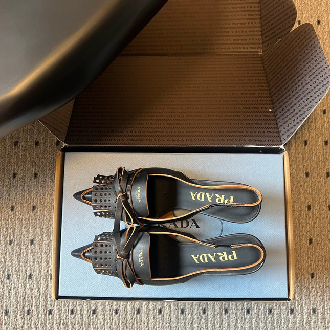 PRADA 26S POINTED TOE FRINGE BOW SLINGBACK PUMPS 85MM IN BLACK CALFSKIN