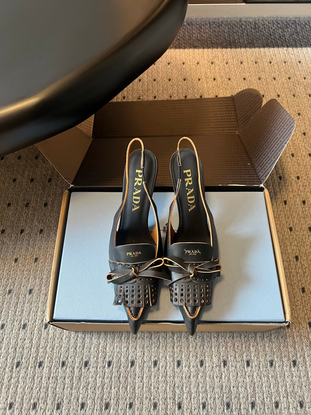 PRADA 26S POINTED TOE FRINGE BOW SLINGBACK PUMPS 85MM IN BLACK CALFSKIN