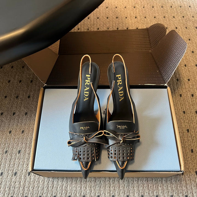 PRADA 26S POINTED TOE FRINGE BOW SLINGBACK PUMPS 85MM IN BLACK CALFSKIN